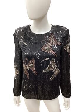 VTG Judith Ann Creations Top Women’s Size M 100% Pure Silk Sequins Butterflies